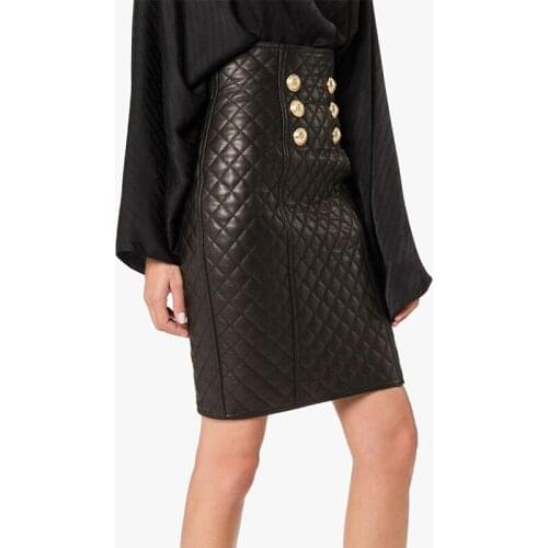 HIGH QUALITY Black Quilted Lining Skirt Winter Classic Lion Buckle Stitching Rhombic Zipper High Waist PU Leather Women Skirts