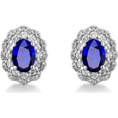 Princess blue crystal sapphire gemstones diamond stud earrings for women white gold silver color jewelry brincos bijoux fashion
