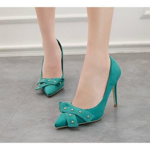 Spring/Autumn Fashion The New High Heels Women Shoes Butterfly-knot Rivet Thin Heels Flock Pointed Toe Dress Slip-On Breathable