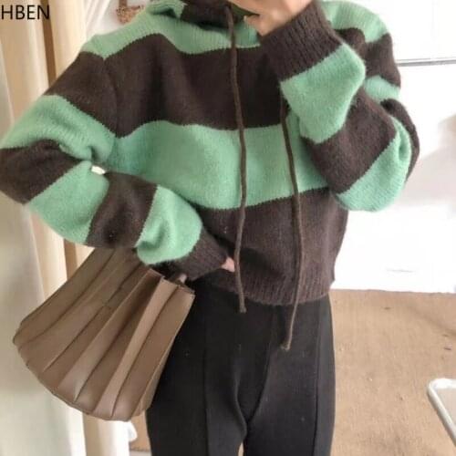 2021 Spring Fall Warm Retro CA Long Sleeve Sweater Loose Thick Striped Hooded Pullover Warm Color Loose Long Sleeve Jumper Lady
