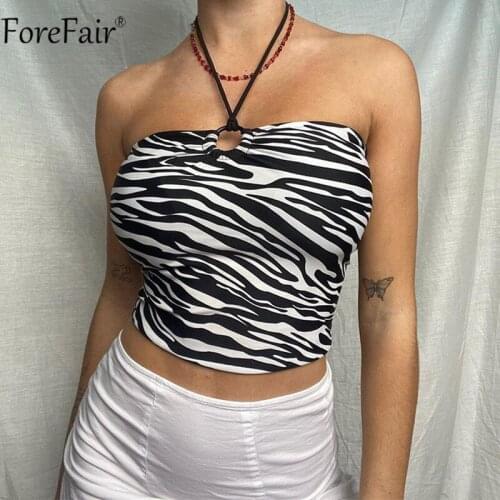 Forefair 2021 Halter Neck Women Sexy Crop Top Zebra Print Backless Off Shoulder Summer Sleeveless Bandage Black Tank Top Casual
