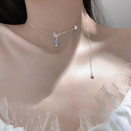 925 Sterling Silver Blue Gradient Butterfly Necklace for Women Simple Choker Necklaces Jewelry Gift S-N718