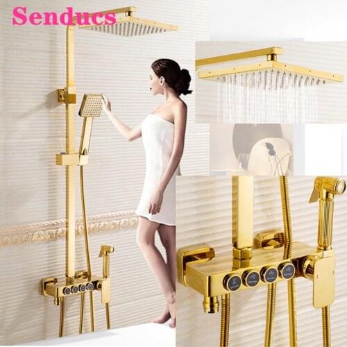 Bathroom Gold Shower System Senducs Square Brass Bathtub Mixer Faucet Stainless Steel Rainfall Shower Head Hot Cold Shower Set