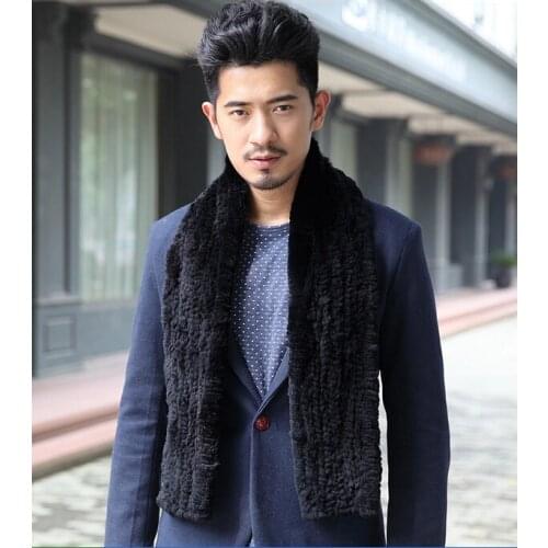 170cm genuine real knitted rex rabbit fur winter men fur scarf handmade Black Gray fur long scarf PYCCKNN MEX
