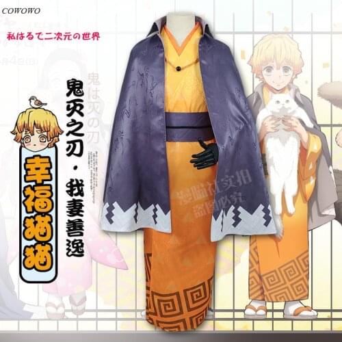 Anime! Demon Slayer: Kimetsu no Yaiba Agatsuma Zenitsu Happy Cat Theme Kimono Uniform Cosplay Costume Halloween Party Outfit Men
