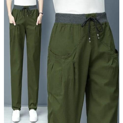 Casual Pants Female Spring Summer 2021 New Loose Harem Pants Army Green Straight Overalls Elastic Waist Womens Trousers 5XLC555