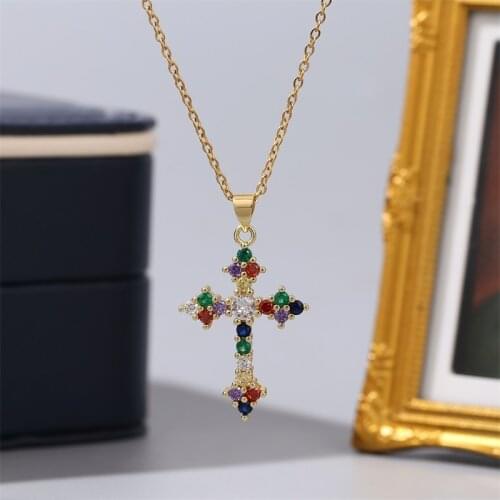 Fashion Multicolor Cubic Zirconia CZ Copper Metal Cross Necklaces & Pendants For Women Gold Color Stainless Steel Chain Necklace