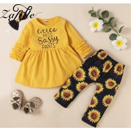 ZAFILLE Autumn Winter Childrens Clothing Girls Outfit Yellow Ruffles Top+Sunflower Pants Kids Toddler Girls Clothes Set 1-5Y