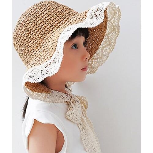 WeMe Kids Straw Hat Beach Sun Hat Baby Lace Eaves Hat