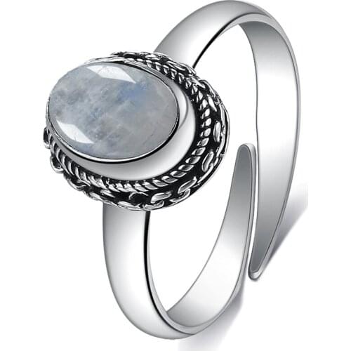 ZEMIOR Punk Vintage Rings For Women Sterling Silver 925 Jewelry Oval Natural Moonstone Adjustable Ring Wholesale Party Gift