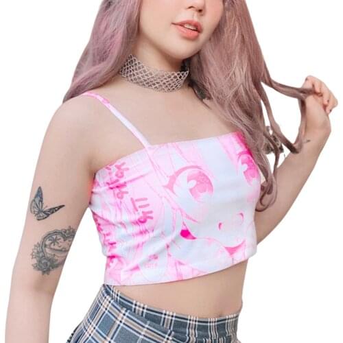 Summer Womens Sexy Crop Cami Tanks Tops Cute Sleeveless Spaghetti Strap Cartoon Print Square Neck Camisole Vest