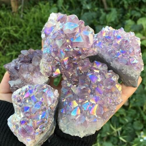 Lovely rainbow angel halo crazy amethyst cluster natural quartz crystal rough plagioclase childrens gift