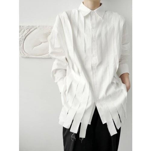 Spring New Mens Shirts Regular Fit Personalized Raw Edge Patch Loose Long Sleeve Shirt Trendy Mens Korean Style Shirt