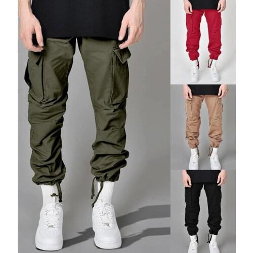 2021 Autumn Casual Men Harem Pants Solid Color Multi-pocket Leg Opening Drawstring Trousers Cargo Pants Fashion Streetwear Pants