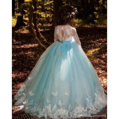 Sky Blue Skirt Princess Flower Girl Dresses for Weddings Butterfly Lace Kids Birthday Party Gowns for Kids Bestidos Para Ninas