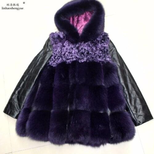 Linhaoshengyue 70cm 2017 NEW Fox Fur Women Coat with Sheep Fur Sleeve (Down Jacket Sleeves) The Chest is the Lamb Fur