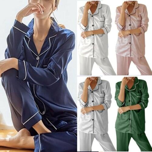 Womens Ladies Satin Silk Pyjama Set Luxury Pajamas Nightwear Homewear PJS Fashion Smooth Comfort Solid Button Top Pants