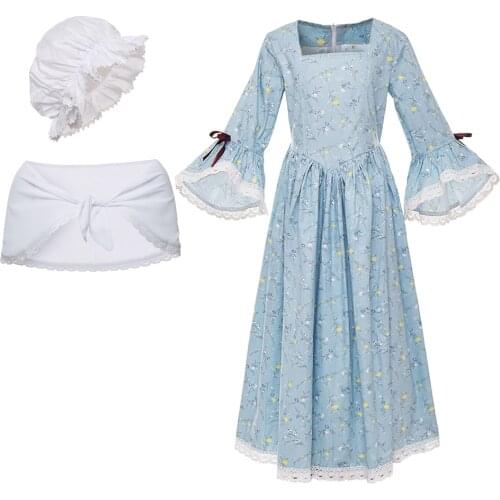 Vintage Victorian Colonial Pioneer Girls Costume Village Maid Cosplay Floral Dress Kids Halloween Christmas Fancy Dress 3pcs/Set