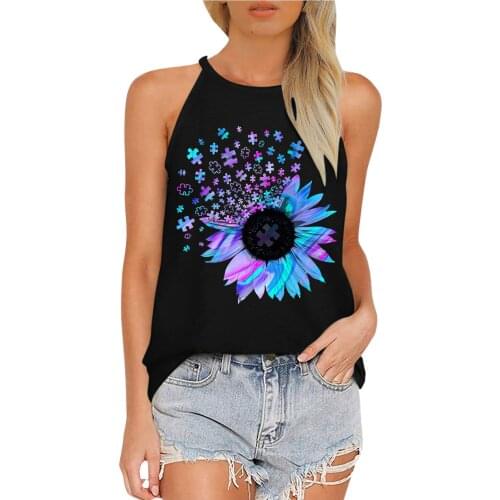 Sexy Female Halter Camisole Tank Tops Summer Casual Sunflower Printed Off-shoulder Camis Holiday Style Loose Round Neck Vests