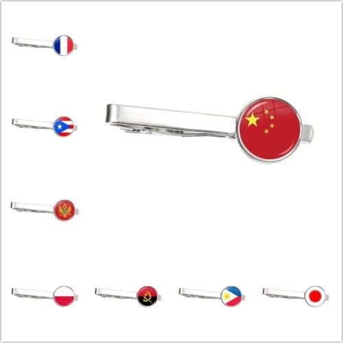 France Poland Puerto Rico Montenegro China Angola Senegal Philippines Japan Nation Flag Glass Silver Tie Clip For Male Gentleman