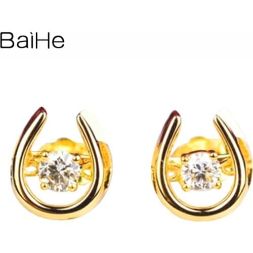 BAIHE Genuine Solid 14K Yellow Gold 0.30ct H/SI Dancing Diamonds Earrings Women Trendy Fine Jewelry Wedding Horseshoe серьги