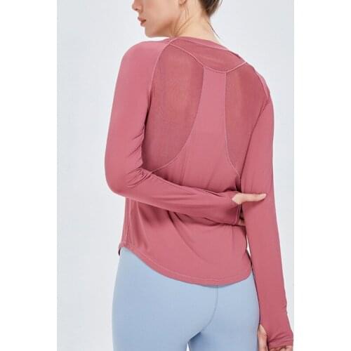 Yoga Long-sleeved Sports T-shirt Women Mesh Breathable Running Quick Dry Solid Color Gym Workout Training Fitness Top