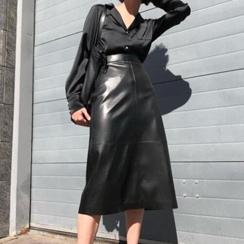 Stylish Women Solid Color Faux Leather High Waist Office Midi Skirt with Belt