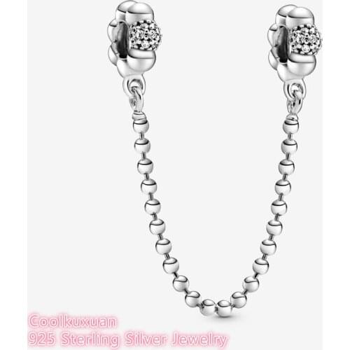 Spring 100% 925 Sterling Silver Beads and Pave Safety Chain Charm beads Fits Original Pandora bracelets Jewelry Making