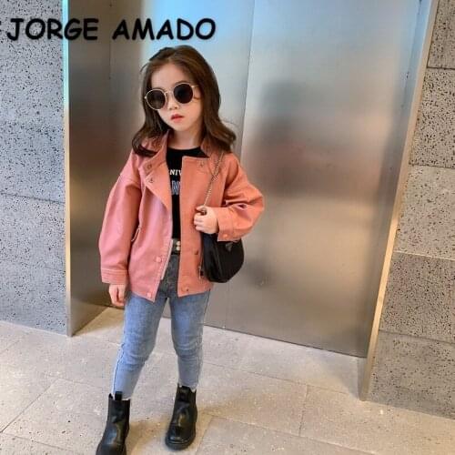2021 Korean Style New Spring Girl Jacket Leather Turn-down Collar Pink Coat Casual Style Outwear Children Fashion Clothes E230