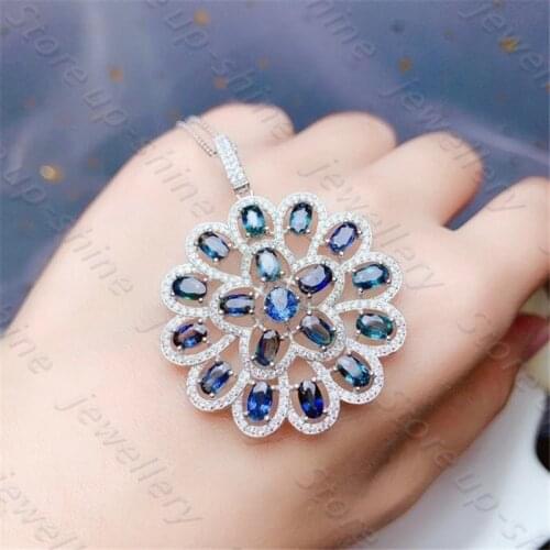 Natural Sapphire Pendant Necklace 925 Silver Womens Pendant Luxurious Atmosphere Shows Feminine Charm