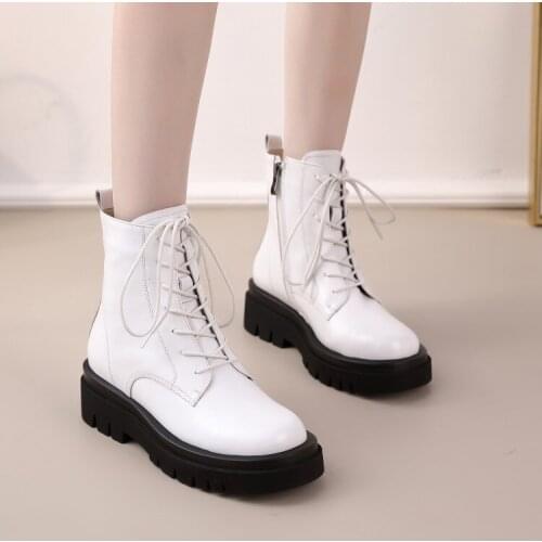ASHIOFU Handmade Womens Ankle Boots Leather Thick Heel New Lace-up Martin Boots Eurolish Style Fashion White Winter Boots Shoes