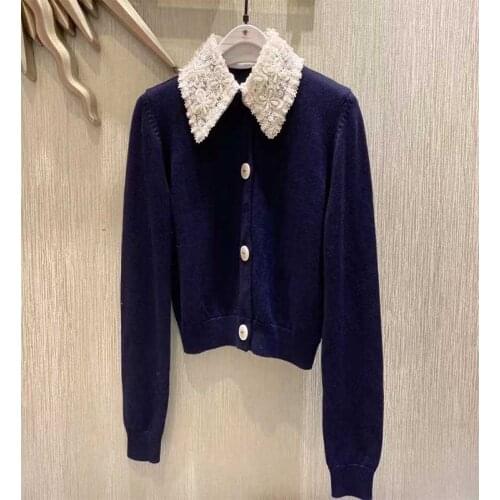 Wool 2021 Autumn Winter Cardigan Turn-down Collar Embroidery Collar With Pearl Short Top Jacket Vintage Warm Sweater