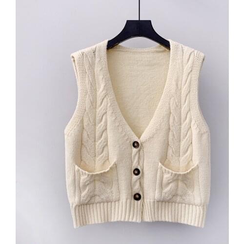 2021 New Spring Fall Women Vest Japan Vintage Tops V-neck Knit Sweater Coat For Women Pocket Single Breasted Sleeveless Cardigan