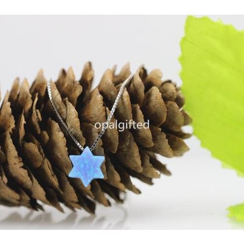 1pc/lot)10mm White/Blue Synthetic Opal hexagram pendant Star of David stone pendant necklace 925 silver daved star opal jewelry