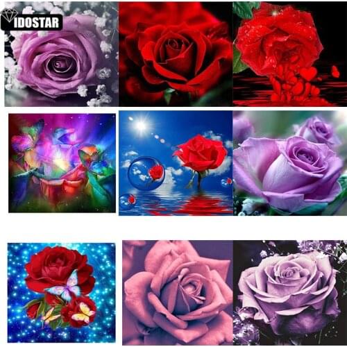 IOOSTAR Diamond Embroidery Flowers Pictures Of Rhinestones Full Square Diamond Painting Rose Diamond Mosaic Wall Decoration