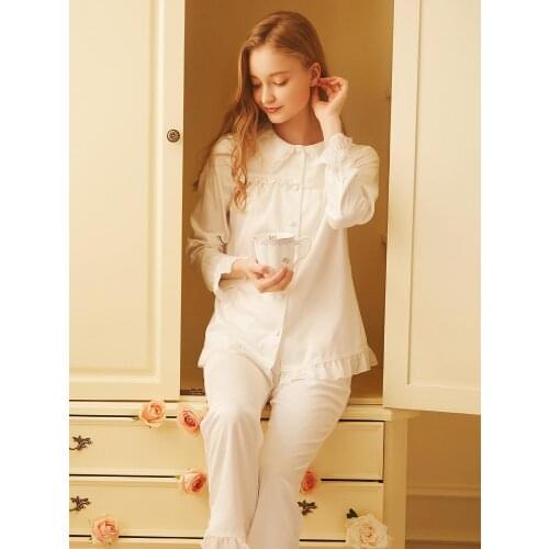 Free Shipping 2019 New Fall Princess Womens Pajamas Long Pants Two Pieces Set White Sleepwear Pink Polyester Silk-like pijamas