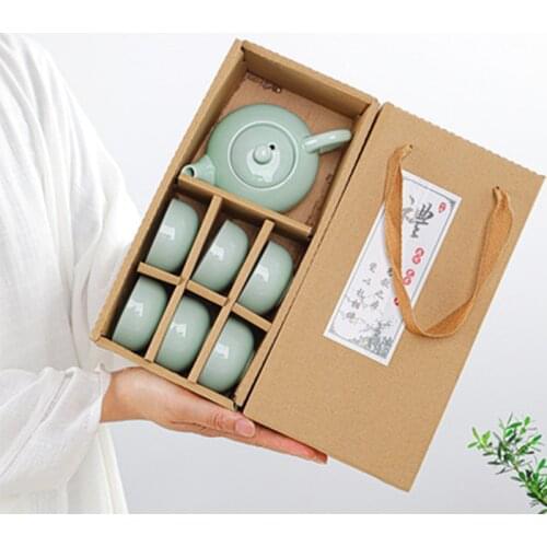Celadon Carp Tea Cup Kung Fu Tea Set Gift Set Household Simple Portable Ceramic Tea Set Gift Set One Pot and Six Cups Tea Set