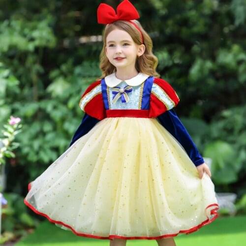 Snow Princess Kids Dresses for Girls with Headband Girls Autumn Clothes Yellow Princess Halloween Kids Girls Clothes for Party