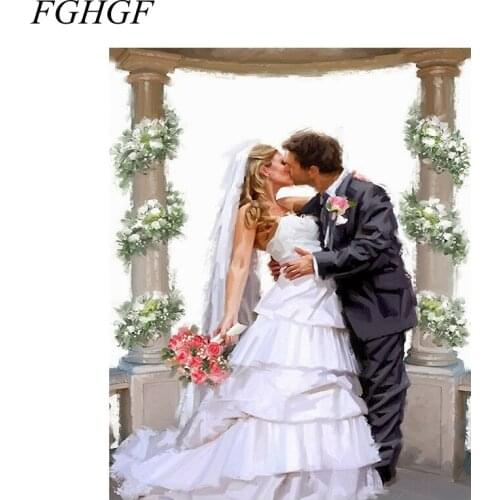 FGHGF Framed Romantic Kiss Lover DIY Painting By Numbers Landscape Acrylic Picture Wall Art Hand Painted Oil