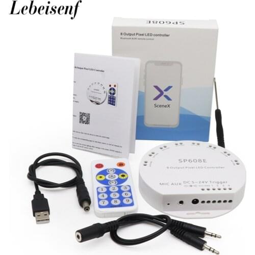 SP608E SK6812 WS2815 WS2811 WS2812B Music LED Strip Controller 8CH Signal Output Built In Mic IOS Android Bluetooth APP DC5V-24V