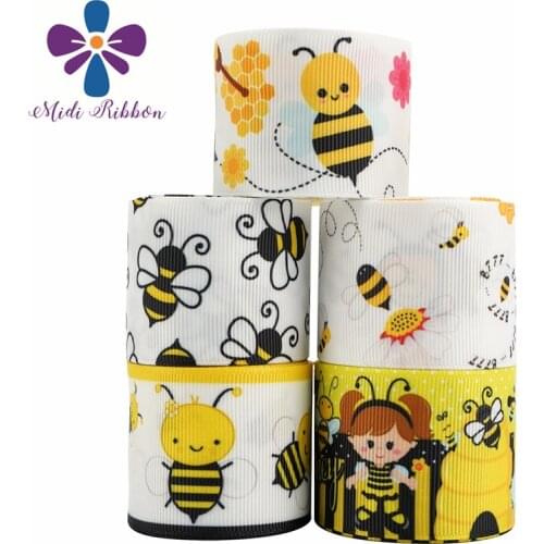 7/8"22mm.1"25mm,1-1/2"38mm Cartoon Bee Ribbon Elastic Band Printed Grosgrain Ribbon For Handmade Bow/Party Decoration 50 Yards