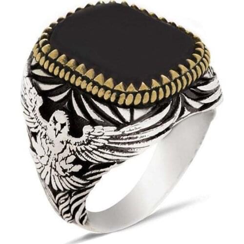 Retro Handmade Turkish Signet Ring Vintage Mens Ancient Steel Eagle Ring Inlaid Black Zircon Party Punk Motor Biker Jewelry