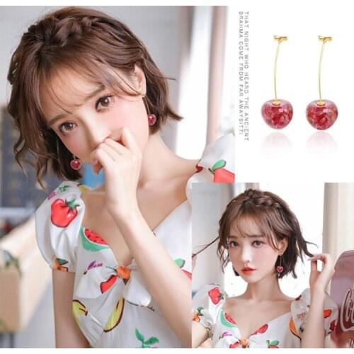 2021 New Hot Korean Trendy Fresh cherry Drop Earrings For Women Girls Cute Sweet Jewelry Gift Fairy Fashion Fruit Oorbellen
