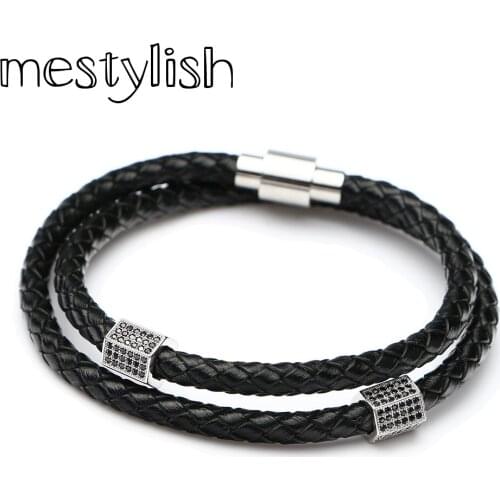 Mestylish Brand New Fashion Braided Genuine Leather Stainless Steel Magnetic Snap Double Circle Zircon Bracelet Fit men&women