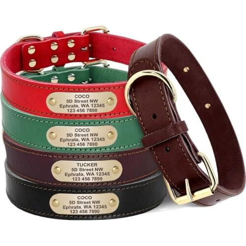 Real Leather Dog Collar Personalized Dog ID Collars With Tag Nameplate Free Engraving Pitubull German Shepherd Medium Large Dogs