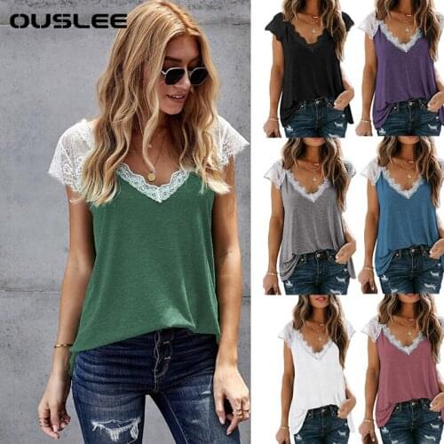 Ouslee Women Summer Fashion Tee Crochet Lace Basic V-neck T-shirt Short Sleeve Loose Tunic Vest Harajuku Top Tee Female Clothes