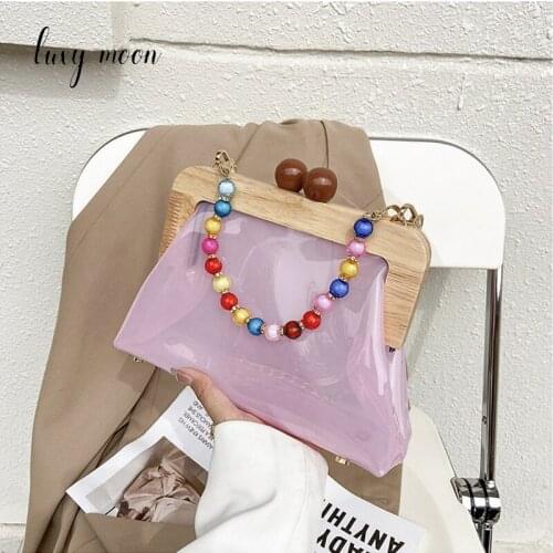 Transparent Womens Small Handbag Luxury Brand PVC Beach Bag Clutch Purse Colorful Bead Hander Chain Women Crossbody Bag Z139