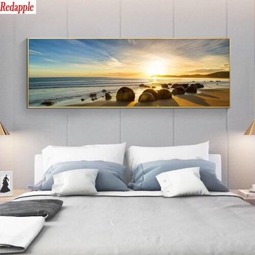 Diy Diamond Painting Natural Blue Sky Stone Beach Sunset Landscape diamond mosaic full square drill diamond embroidery