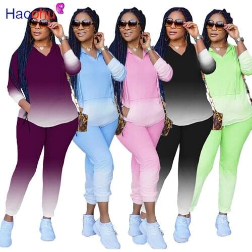HAOOHU Gradient Tracksuit 2pcs Women Set Hooded Top Sweatshirt+Jogger Pants Two Pieces Sets Women Clothing Suits Female