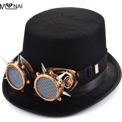 Vintage Ladies Black Top Hat With Rivets Goggles Women Fedoras Steampunk Gears Men Top Hat With Spikes Glasses